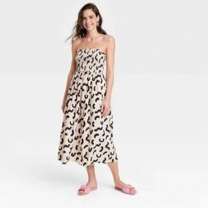 A New Day Strapless Smocked Tube Sundress in Tan/Black Squiggle Sz XS